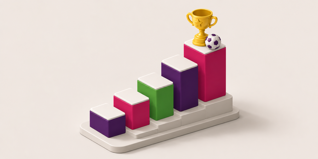 Illustration: a rising bar chart of points, topped with a trophy and a football